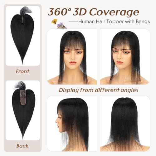 Rich Choices Hair Toppers for Women Real Human Hair 100% Human Hair Toppers for Women Clip in Silk Base Remy Hair Topper 7 Inch Pitch Black