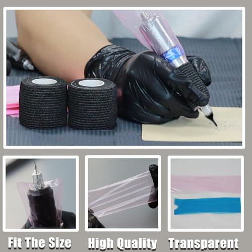 Large Pen Bags with Grip Tape Wraps - NAQASE 200pcs Pink Large Machine Pen Covers Pen Sleeves Covers Wrap and 3pcs Bandages Elastic Grip Tape Wraps