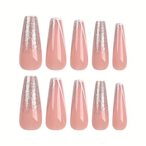 Press on Nails Long Coffin French Acrylic Fake Nails with Silver Glitter Design Glue on Glossy Full Cover Artificial Gel False Stick on Nail for Girls Women Wedding Manicure Gifts 24Pcs