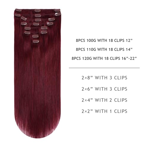 YILITE Clip in Hair Extensions 120g 8Pcs/Pack Burgundy Double Weft Silky Straight Remy Human Hair Thick Clip in Real Hair Extensions for Women£¨16inches #99J Burgundy£©