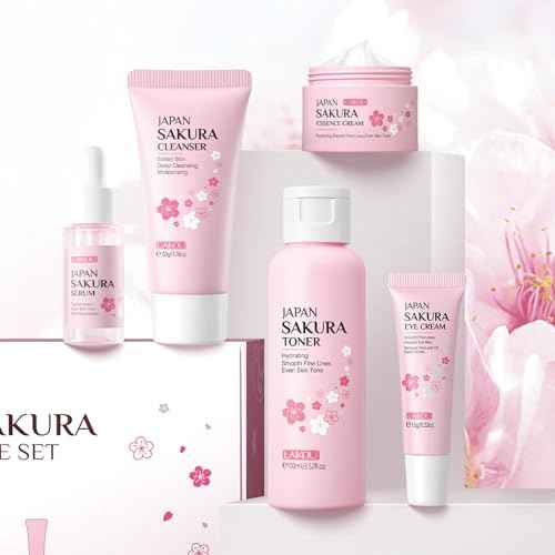LAIKOU Skin Care Set JAPAN SAKURA Women Beauty Gift Sets Skin Care Kit with Cleanser, Toner, Serum, Eye Cream, Face Cream Travel Kit for Women Teen Girls Mom Daughter Birthday TSA-friendly Sizes 5pcs
