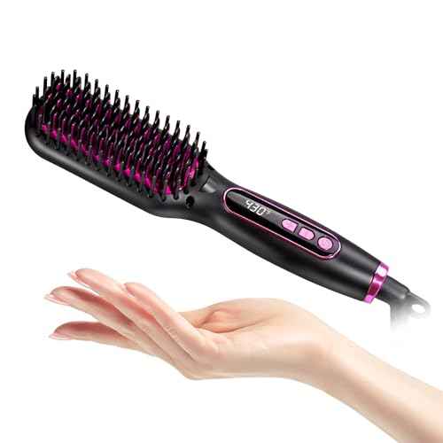 Mini Hair Straightener Brush Travel Size for Women,Dual Voltage Straightening Brush with Ceramic Heated Bristles,Adjustable Temperature&LED Display