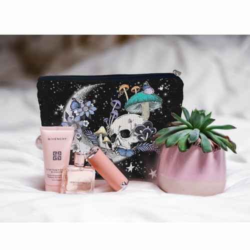 Ayxvt Gothic Hippie Skull Moon Mushroom Botanical Leaf Starry Night Corduroy Cosmetic Bag Decorative Women's Makeup Bag Zipper Pouch Travel Toiletry,Gifts for Skull Lovers Women Girls£¨Corduroy£©