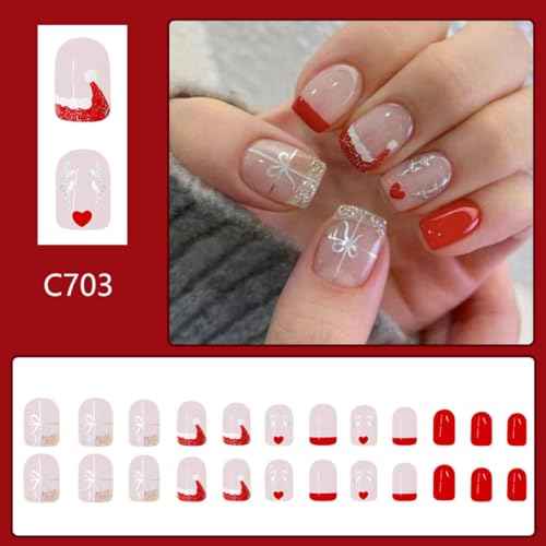 Christmas Press on Nails Short Square Fake Nails with Elk Design Santa Hat Glue on Nails Red French tips Stick on Nails Glossy Reusable Silver Gifts False Nails for Women Girls Holiday Manicure 24pcs