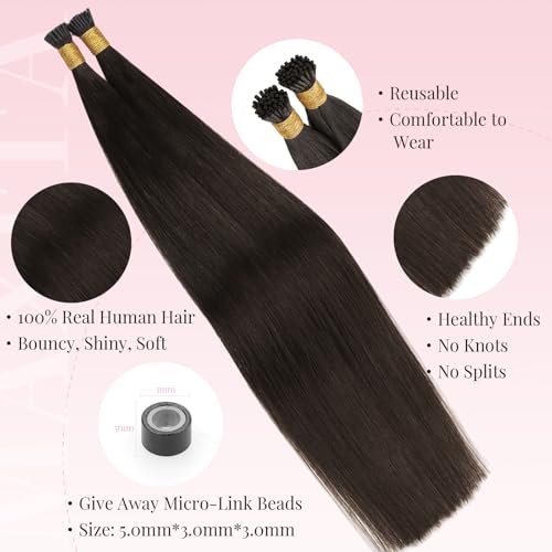MAXITA I Tip Hair Extensions Human Hair,50g/50s Dark Brown 24 Inch Comfortable Wear, Invisible & Natural Cold Fusion, 100% Remy Human Hair Itip Keratin Hair Extensions