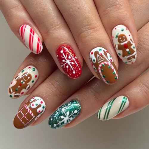 24Pcs Christmas Press on Nails Medium Almond Fake Nails with Snowman Snowflake Design Stick on Nails Bling Glitter False Nail Artificial Acrylic Glue On Nail for Women Nail Art Decoration