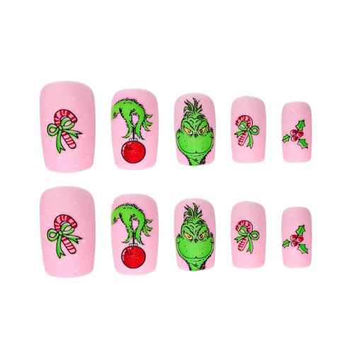 Christmas Press on Nails Short Square Fake Nails Pink Stick on Nails Winter False Nails with Fun Cartoon Green Haired Monster Designs Xmas Candy Cane Press on Nails for Women Girls Holiday Manicure