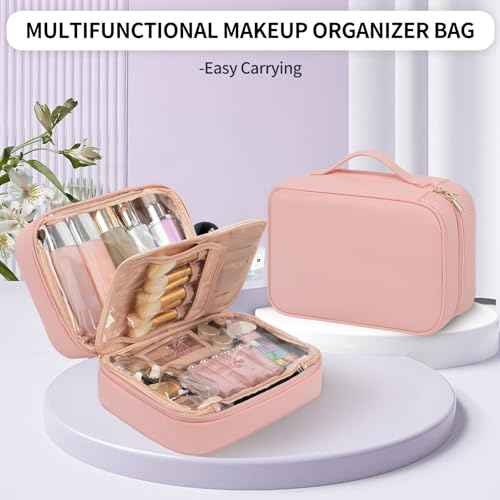 OCHEAL Makeup Bag, Makeup Travel Bag Large Capacity Cosmetic Organizer Bag with Makeup Brush Compartment & Handle for Women Girls Travel Toiletry Accessories-Pink