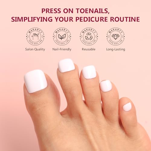 Makartt Press on Toenails: Short Glossy White 24PCS Fake Nails with Glue, Natural Fit for Women, Includes Adhesive Tabs, Stick, and File, Pedicure Set for Home Salon