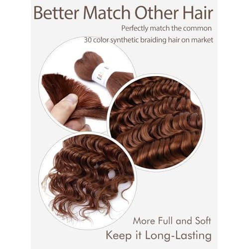 12A #30 Auburn Brown Human Braiding Hair for Boho Braids 2 Bundles 22 Inch 100g Deep Wave Braiding Hair for Bohemian Knotless Braids 100% Unprocessed Virgin Bulk Hair Extensions No Weft