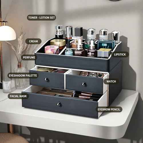 KINGFOM 2 Tier PU Leather Makeup Organizer with 3 Drawers, Cosmetic Storage Organizers for vanity Dresser Countertop and Bathroom Vanity, Beauty Holder for Lipstick Brush Skincare (Black)