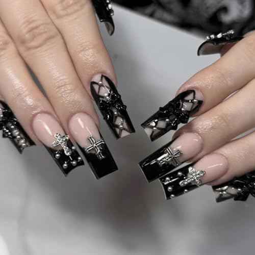 IMSOHOT Black French Press on Nails Long Square Fake Nails Acrylic Nude False Nails with Bow & Cross Design Full Cover Stick on Nails Glossy Glue on Manicure Kit for Women 24Pcs