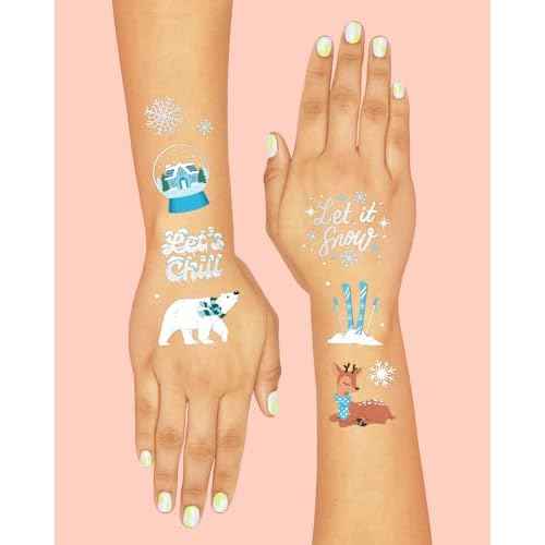 xo, Fetti Winter Christmas Party Temporary Tattoos - 50 Silver Foil Styles | Merry Christmas Party Favors, Stocking Stuffer, Christmas Eve Gift, Xmas Tree + Lights, Santa, Snow, Holiday Accessory