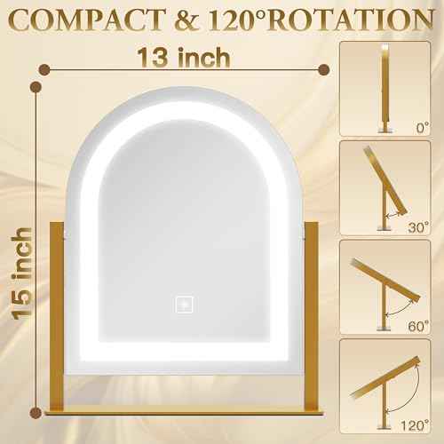 Lighted Makeup Mirror with 3-Color Dimmable Lighting, with Removable 10x Magnifier, Smart Touch Control, 360¡Æ Rotation, 15" x 13" Hollywood Vanity Mirror for Tabletop Desk (Gold)
