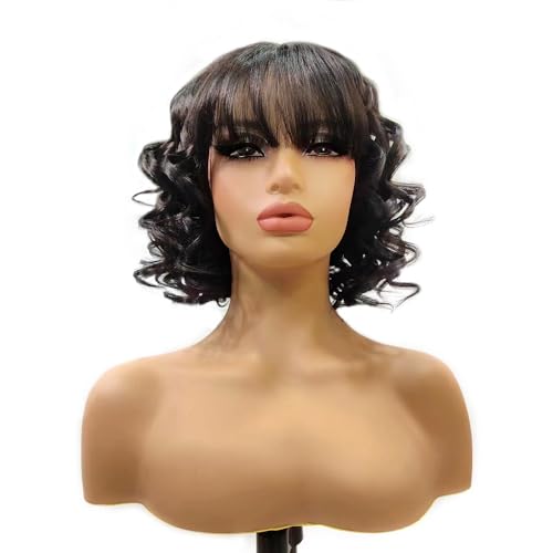 Natural Wavy Human Hair Wigs with Bangs Black Loose Wave Wigs for Women None Lace Front Wigs Loose Body Bob Wig Brazilian Virgin Human Hair Glueless Loose Curly Wig for Daily (14 Inch)