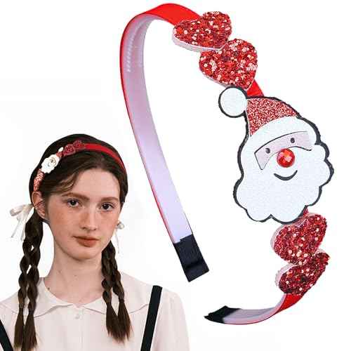 Christmas Headband Santa Claus Hair Band for Women Girls, Red Glitter Headbands Cartoon Xmas Hair Accessories Non Slip Winter Christmas Party Supplies New Year Holiday Costume Gift