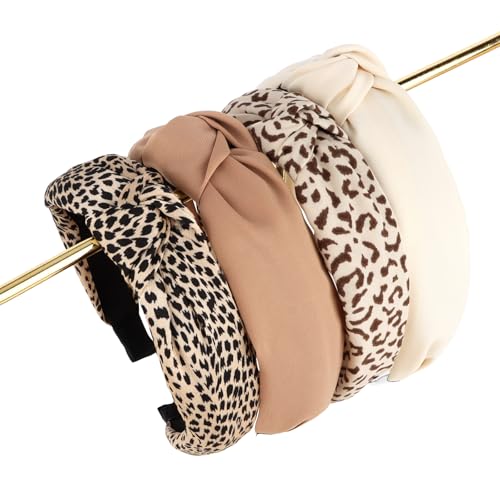 Headbands for Women Leopard Print Knotted Cloth Top Knot Headband for Women Non Slip 4PCS Beige Brown Fashion Accessories