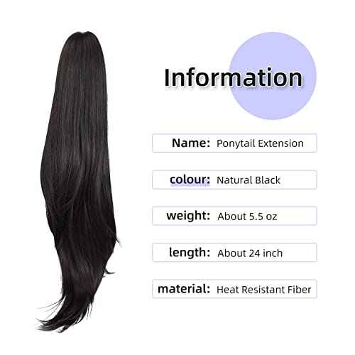 ponytail extension,24" claw clip hair extensions ponytail Long straight Hair Extension Natural Looking Synthetic Hairpiece for Women Natural Black