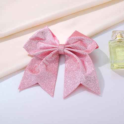 KISZU Hair Clips, Large Big 7inch Sequin Glitter Cheer Bow Clips for Women and Girls, Jumbo Giant Bow Clips Ponytail Holder Big Hair Clips Costume Accessories, Pink