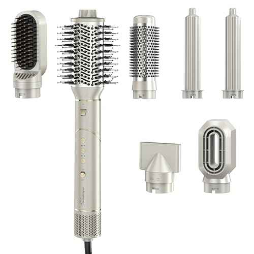 Sunwhisper Hair Dryer Brush 7 in 1 Professional Hot Air Styler, 110,000 RPM High Speed Negative Ionic Dryer, Straightener Comb & 2 Auto Wrap Curlers, 2 Concentrator, Oval & Round Styling Brush