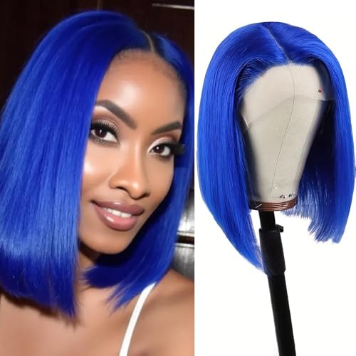 13x4 Lace Front Wigs Human Hair HD Lace Frontal Wig Human Hair Pre Plucked Glueless Blue Bob Wigs 180% Density 12 Inch Straight Dark Blue Short Bob Wigs for Black Women