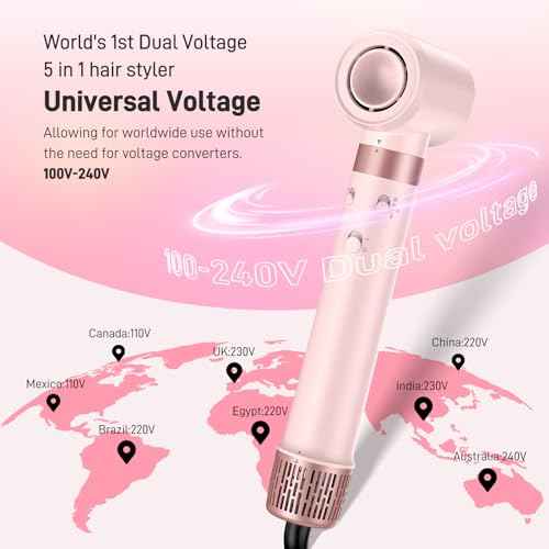 Dual Voltage Hot Air Styler Wrap - 5 in 1 Hair Dryer Brush with Fast Drying Blow Dryer, Styling, Straightening & Volumizing with Travel Bag (100V?240V)