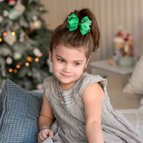 4" Glitter Christmas Green Hair Bow Clips Girls Sparkly Ribbon Sequin Bow Cheer Barrettes Alligator Hairpins for Teens Toddler Kids St Patrick's Day Easter outfit Dress Decor Accessories Gift