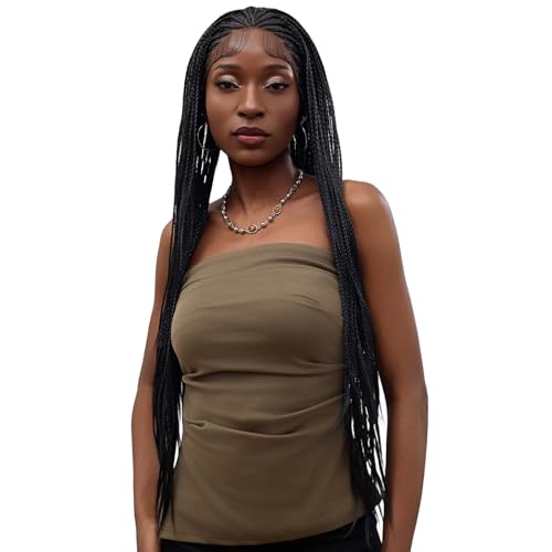 Glueless Dreadlock Extensions Cornrow Long Braided Wig for Black Women, 34in Natural Soft Faux Locs Crochet Kinky Headband Lace Front Synthetic Braiding Human Hair Curly Half Wig (Black)(Black)