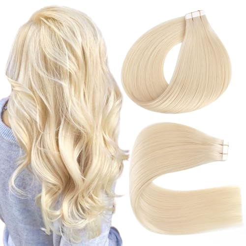 Lovrio 22" 20pcs 50g Tape in Human Hair Extensions Color 60 Platinum Blonde Prime Silky Straight Skin Weft Remy Human Hair
