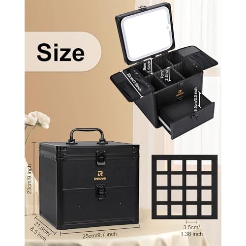 Relavel Makeup Bag with LED Mirror, Dual Layer Cosmetic Train Case with Light up Mirror Large Travel Makeup Artist Organizer Bag for Women with Adjustable Dividers & Nail Polish Organizer, Black