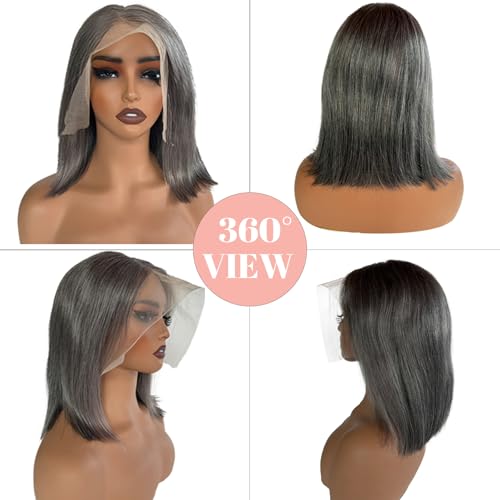 Belaved Bob Lace Front Wigs Human Hair Grey Salt & Pepper 12 Inch Ombre Silky Straight Balck Mix Grey Short Bob 13x4 HD Lace Frontal 180% Density Pre Plucked Bleached Knots Glueless