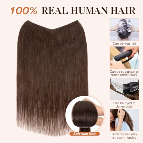 Halo Hair Extensions,S-noilite Halo Hair Extensions Real Human Hair,100% Thick Human Hair Halo Extensions for Women,14 Inch(70g) Dark Brown