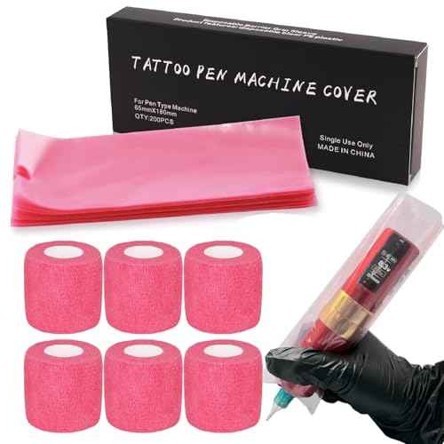 Tattoo Machine Covers with Grip Wrap - SOTICA 200pcs Pink Tattoo Pen Covers 2.56¡¿7.1" Machine Wraps and 6pcs Black Self-Adhesive Bandage for Tattoo Supplies