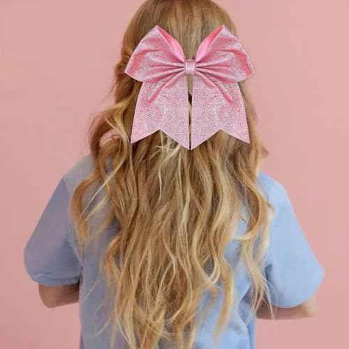KISZU Hair Clips, Large Big 7inch Sequin Glitter Cheer Bow Clips for Women and Girls, Jumbo Giant Bow Clips Ponytail Holder Big Hair Clips Costume Accessories, Pink