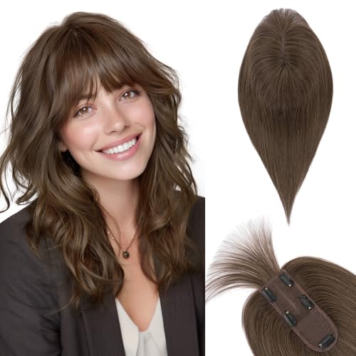 TESS Real Hair Toppers for Women Handmade Lace Base Womens Clip In Hairpieces with Bangs 5 Clips Natural Coverage Soft and Secure 2¡¿6", Dark Brown