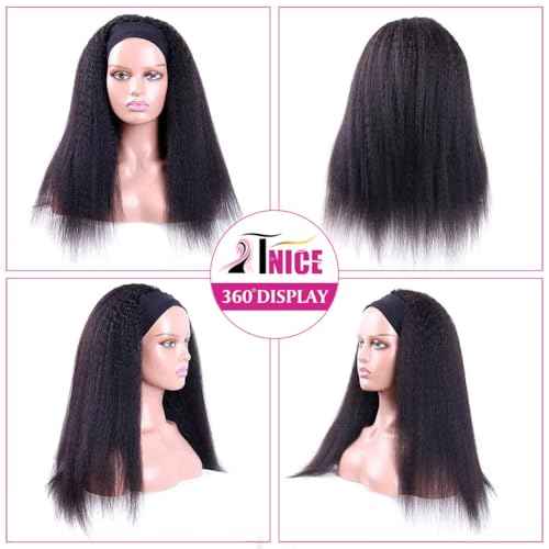 TNICE Kinky Straight Headband Wig Human Hair 18 Inch Headband Wigs for Black Women Glueless None Lace Front Yaki Straight Human Hair Headband Wig Brazilian Virgin Hair Wigs Natural Black 180% Density