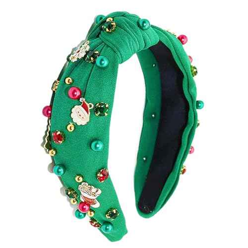Christmas Green Headband for Women Girls Knotted Headband Red Green Pearl Rhinestone Wide Top Knot Headpiece Holiday Hair Accessories Dress Outfits Gifts