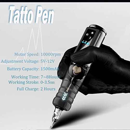 Tattoo Pen Professional Wireless Tattoo Rotary Machine Pen Kit with LCD Display Cartridges Pens Equipment Supply for Artists (Black)