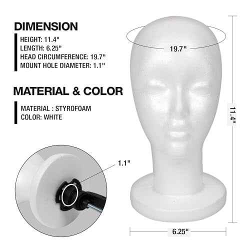 STUDIO LIMITED 11.4-Inch Styrofoam Mannequin Head (1 Pack) - White Foam Wig Stand for Wigs, Hats, Masks, Hairpieces, Arts, Crafts, DIY Projects, Salon Display, and Travel Use