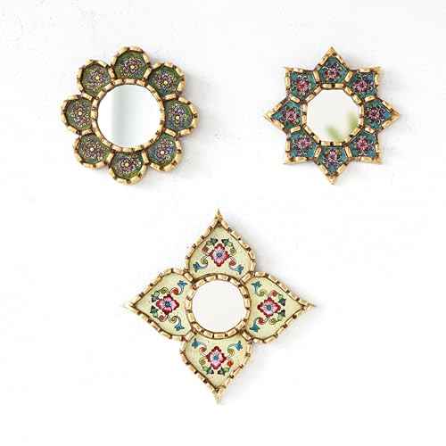 Handmade Peruvian Mirror Set ? Reverse Painted Glass ? Small Decorative Mirrors for Wall ? Artisan Star & Diamond Designs ? Unique Wall Decor Gift