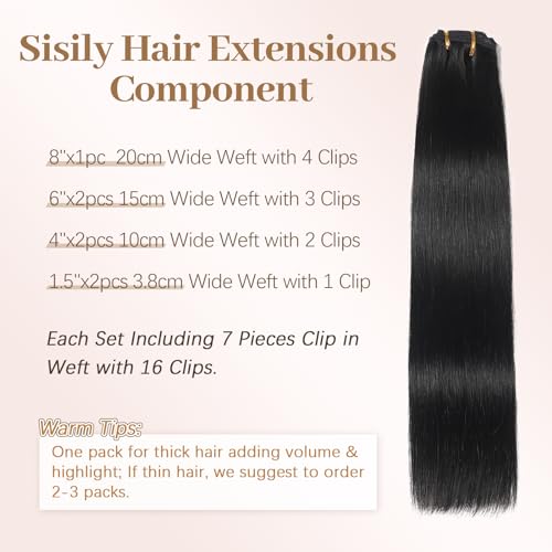 Sisily Clip in Hair Extensions Real Human Hair,20 inch 120g, Natural Straight Human Hair Clip in Extensions for Black Woman, Soft Straight 7pcs Per Set with 16 Clips Double Weft
