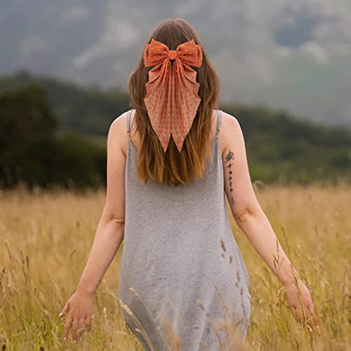 Big Bow Hair Accessories 2pcs - Long Tail French Red Beige Barrettes for Women and Girls, Soft Dress Up Decor for Birthday, Bachelorette Party, Christmas, Thanksgiving, Wedding