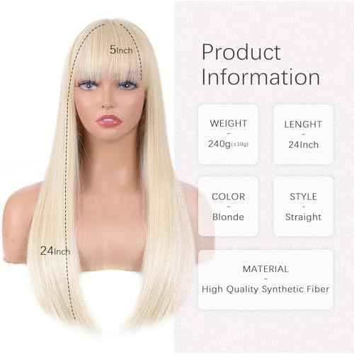 Blonde Wig With Bangs For Women Long Straight Blonde wig Heat Resistant Synthetic Wig for Girls Daily Use Party Halloween Cosplay Wig 24inch