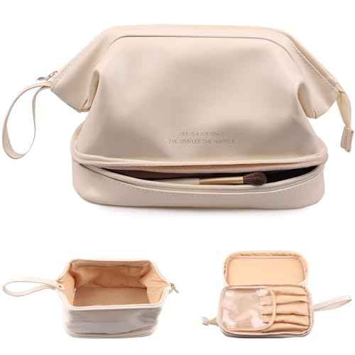 GRINKO Travel Makeup Bag, Large Capacity Toiletry Bag, Portable Pouch Cosmetic Bags for Women, PU Leather Waterproof Make up Organizer Apricot