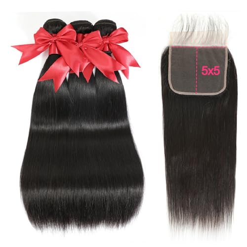 12A Straight Bundles Human Hair with 5x5 Closure 18 20 22+16 Inch Brazilian Human Hair Weave Bundles with 5x5 HD Lace Closure 100% Unprocessed Virgin Hair Extensions