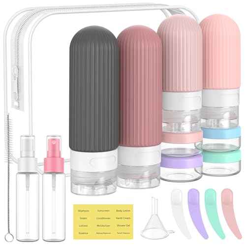 ME.FAN 18 Pack Travel Bottles for Toiletries, TSA Approved Silicone Portable Size Bottle, Refillable Cosmetic Container Kits for Conditioner, Shampoo, Lotion,Face Cream - Pink