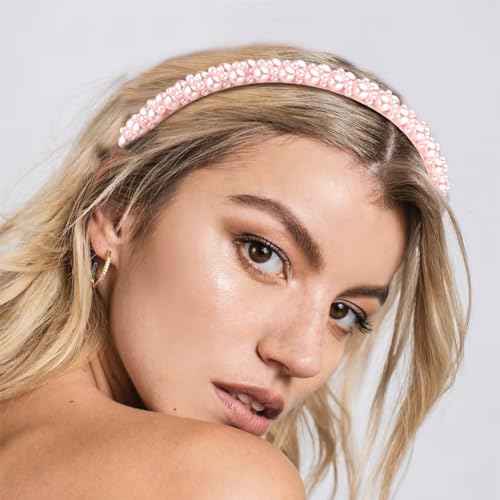 Pink Pearl Headbands for Women Girls, Cute Beads Headband with Faux Pearl for Wedding Bride, Fashion Beaded Bling Hairbands Hair Hoop Accessories for Birthday