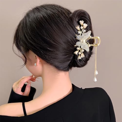 Metal Hair Claw Clips Butterfly Flower Hair Clip 1Pc Large Hair Jaw Claw with Tassel Pearl Design Gold Strong Hold Jaw Clips Rhinestones Butterfly Floral Non-Slip Hair Accessories for Women