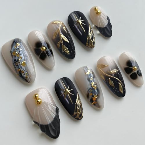 Medium Press on Nails Almond Golden Leaves Beads Stars Flowers Dark Blue French Tip Fake Nails Press ons Acrylic Glossy Glue on Nail Full Cover Stick on Nail for Women 24 Pcs