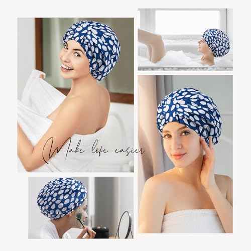 YFONG Reusable Shower Cap for Women, Waterproof & Durable Bath Cap with Double layer Lined, Adjustable Hair Cap for All Hair Lengths, Large Bathing Hat (blue)